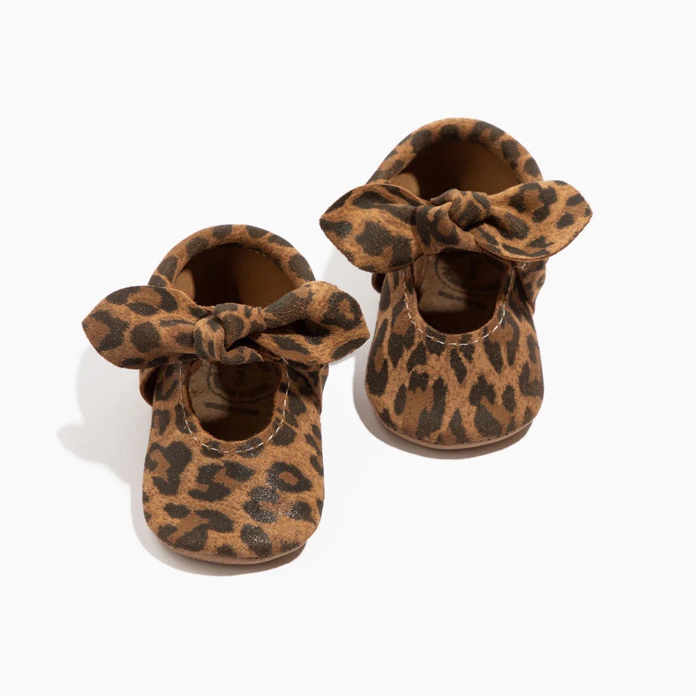 Freshly Picked Leopard Bow Moccs Size 3 FP Printed Suede Soft Sole Mary Jane